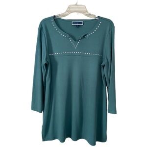 Karen Scott Tunic Top Split Neck with Studs 3/4 Sleeve Side Slits Teal Size M
